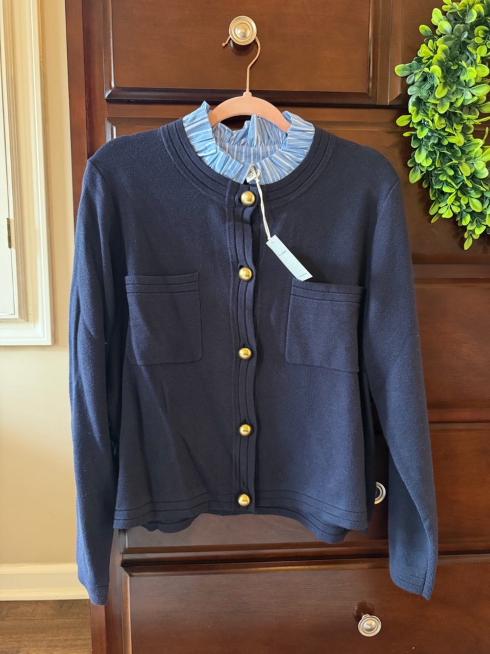 Navy Crewneck Button-Front Cardigan Sweater